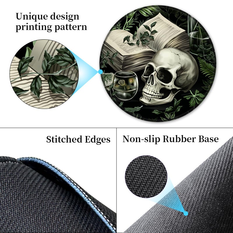 Hancynir Funny Goth Skull Mouse Pad for Desk, Gothic Book Plant Small Mousepad with Non-Slip Base, Round Mouse Pads for Laptop Gaming, Computer Mouse Mat for Office Decor Accessories Supplies - Image 4